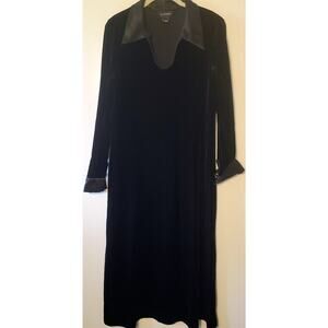 VIRGO Dress Black Velvet Womens Sz 14 Stretch Mid Calf Satin Cuffs Collar Witchy
